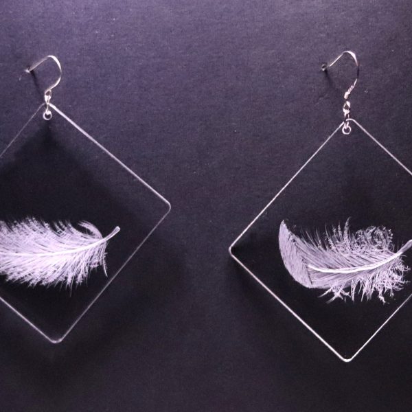 Boucles d'oreilles en plexiglas transparent gravé à la main de plumes